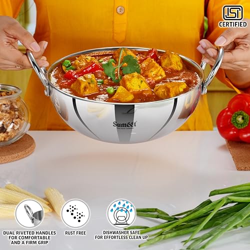 Sumeet ISI Certified Cook Smart TriPly Steel-Aluminium-Steel 3 Layer Round Bottom Kadai - 22cm, 2.350Ltr, Silver