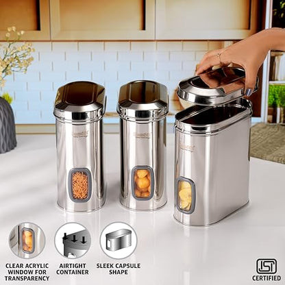 Sumeet ISI Certified Stainless Steel Capsul Canister/Container for Kitchen Storage with See Through Window - Set of 3 Pcs - 2600ml, Silver