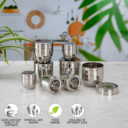 Sumeet Stainless Steel Conical Shape Canisters/Dabba/Storage Containers for Kitchen with See Through Lid, Set of 8 Pcs, (150ml-6cm Dia-2Pc, 250ml-7cm Dia-2Pc, 400ml-8.5cm 2Pc, 500ml-9cm 2Pc)- Silver