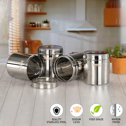 Sumeet Stainless Steel Containers/Jars/Dabba for Kitchen Storage with See Through Lids - set of 4Pcs, 1350ml capacity each, 11.7cm Dia, Silver