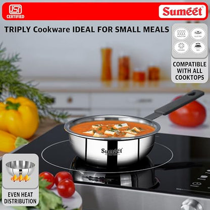 Sumeet Cook Smart ISI Certified Tri-Ply (Steel - Aluminium - Steel) Mini FryingTadka Pan with Silicon Grip | Induction and Gas Friendly | 2.5mm Thick | 400ml -12Cm, Silver