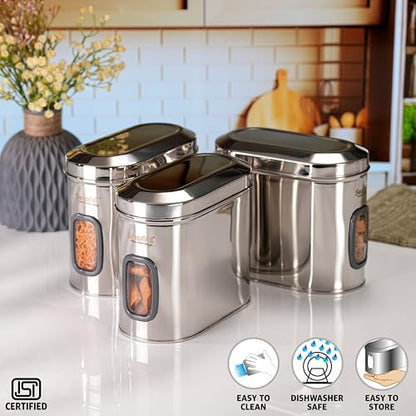 Sumeet ISI Certified Stainless Steel Capsul Canister/Container for Kitchen Storage with See Through Window - Set of 3 Pcs - 1850ml, Silver