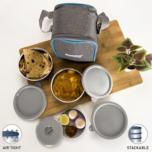 Sumeet EPULO Lunch Box Tiffin with Microwave Safe and Leak Proof 3 Inner Steel Containers + 1 Plastic Chutney/Pickel Container with BPA Free Air Tight Lids - 420ml & Insulated Fabric Bag, Grey