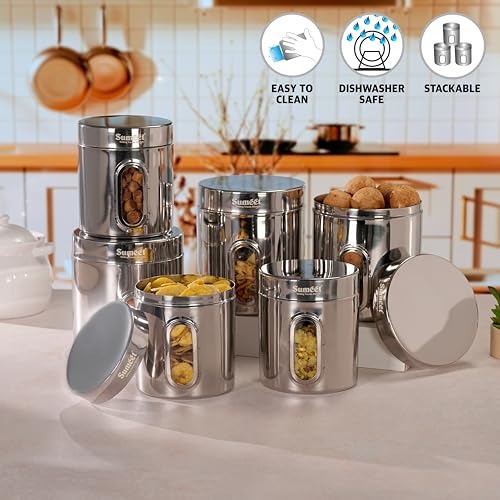 Sumeet Stainless Steel Small Containers/Jars/Dabba for Kitchen Storage with See Through Window - set of 6Pcs, 1100ml + 1820ml capacity, 11.5cm & 13.3cm Dia, Silver