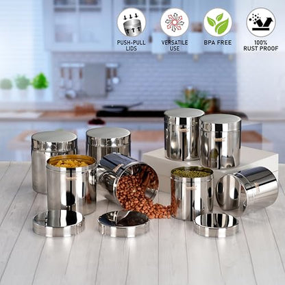 Sumeet Stainless Steel Containers/Jars/Dabba for Kitchen Storage with Lids - set of 8Pcs, 1250ml + 1800ml capacity, 11.5cm & 13.3cm Dia, Silver