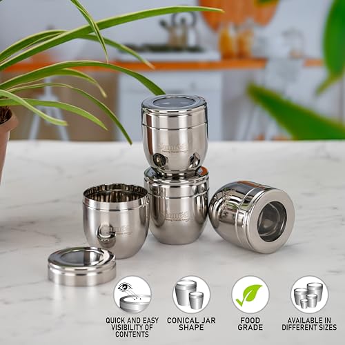 Sumeet Stainless Steel Conical Shape Canisters/Dabba/Storage Containers for Kitchen with See Through Lid, Set of 4 Pcs, 150ml Each, 6cm Dia, Silver