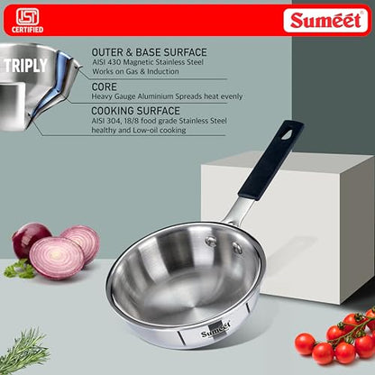 Sumeet Cook Smart ISI Certified Tri-Ply (Steel - Aluminium - Steel) Mini FryingTadka Pan with Silicon Grip | Induction and Gas Friendly | 2.5mm Thick | 400ml -12Cm, Silver