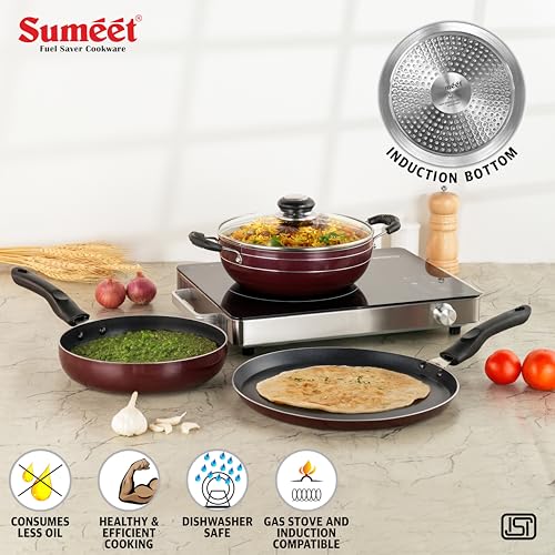 Sumeet Elegantia Induction Base Non Stick Aluminium Cookware Set of 4Pcs - Dosa Tawa 28cm / Deep Kadai with Glass Lid 21.5cm / Fry Pan 21.5cm / 1550ml Capacity | Gas and Induction Friendly | Cherry