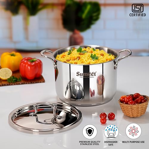 Sumeet ISI Certified Stainless Steel Casserole Handi/Stock Pot/Biryani Pot/Dutch Oven with Steel Lid - Even Heat, Cook-N-Serve, Gas and Induction Friendly, 20Cm, 4.2Ltr, Silver