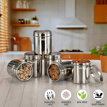 Sumeet Stainless Steel Small Containers/Jars/Dabba for Kitchen Storage with See Through Lids - set of 6Pcs, 750ml capacity each, 9cm Dia, Silver