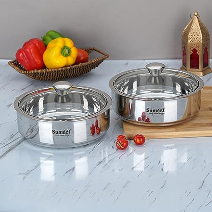 Sumeet Smart Serve Stainless Steel Double Wall Insulated Hot Roti/Chapati Pot/Server/Casserole with Glass Lid, 1L, Set of 2pc, Silver