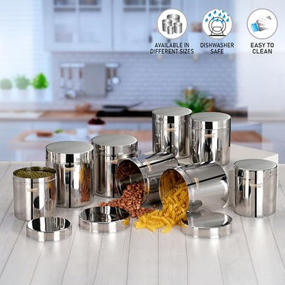 Sumeet Stainless Steel Containers/Jars/Dabba for Kitchen Storage with Lids - set of 8Pcs, 1250ml + 1800ml capacity, 11.5cm & 13.3cm Dia, Silver