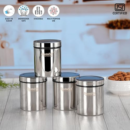 Sumeet ISI Certified Stainless Steel Air Tight Storage Container/Jar/Canister/Dabba with Threading Screw Cap for Kitchen - Pack of 4Pc, 8.3cm, 450ml, Silver