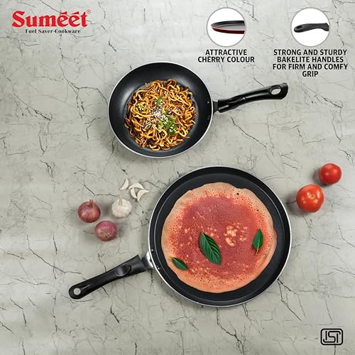 Sumeet Elegantia Induction Base Non Stick Aluminium Cookware Set of 2Pcs - Dosa Tawa 28cm / Tapper Pan 22cm / 1000ml Capacity | Gas and Induction Friendly | Cherry