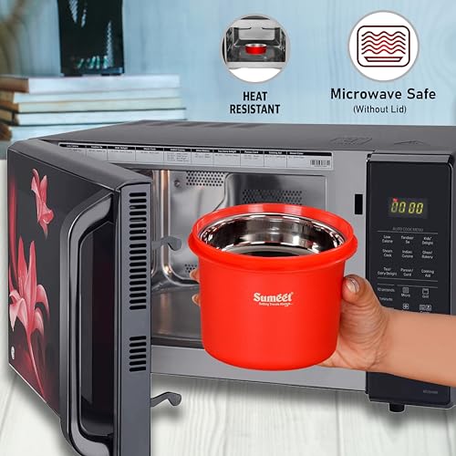 Sumeet ISI Certified Inside Steel Microwave Safe BPA Free Lunch Boxes/Storage Containers with Air Tight & Leak Proof Lid for Home/Office/School, 350ml & 500ml Set of 2, Red