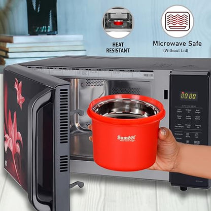Sumeet ISI Certified Inside Steel Microwave Safe BPA Free Lunch Boxes/Storage Containers with Air Tight & Leak Proof Lid for Home/Office/School, 350ml & 500ml Set of 2, Red