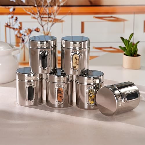 Sumeet Stainless Steel Small Containers/Jars/Dabba for Kitchen Storage with See Through Window - set of 6Pcs, 310ml capacity each, 7.3cm Dia, Silver