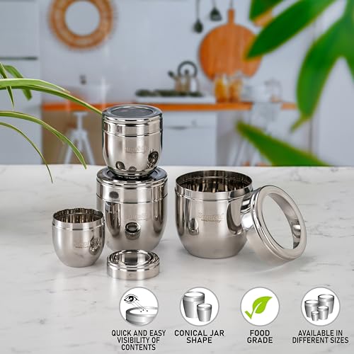 Sumeet Stainless Steel Conical Shape Canisters/Dabba/Storage Containers for Kitchen with See Through Lid, Set of 4 Pcs (150ml-6cm Dia-1Pc, 250ml-7cm Dia-1Pc, 400ml-8.5cm 1Pc, 500ml-9cm 1Pc)- Silver