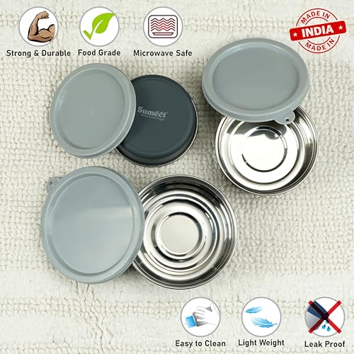 Sumeet Microwave Safe Stainless Steel Air Tight & Leak Proof Lunch Boxes/Storage Containers with Lids for Kitchen/Office/School, 240ml, 320ml, 420ml, set of 3, Grey