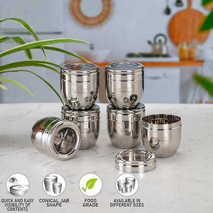 Sumeet Stainless Steel Conical Shape Canisters/Dabba/Storage Containers for Kitchen with See Through Lid, Set of 6 Pcs, 250ml Each, 7cm Dia, Silver