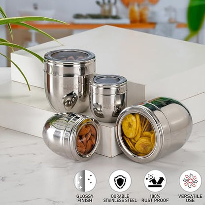 Sumeet Stainless Steel Conical Shape Canisters/Dabba/Storage Containers for Kitchen with See Through Lid, Set of 4 Pcs (150ml-6cm Dia-1Pc, 250ml-7cm Dia-1Pc, 400ml-8.5cm 1Pc, 500ml-9cm 1Pc)- Silver