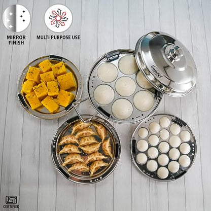 Sumeet ISI Certified Stainless Steel Induction Bottom Heavy Multi Kadai with 6 Plates - 2 Idli, 2 Dhokla/Patra, 1 Momo/Modak/Steamer, 1 Mini Idli Plate - 28cm, 4.7Ltr, Silver