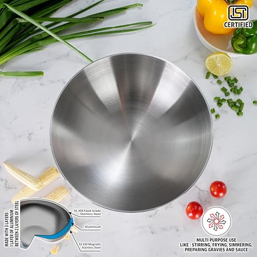 Sumeet ISI Certified Cook Smart TriPly Steel-Aluminium-Steel 3 Layer Round Bottom Tasra - 22cm, 2.350Ltr, Silver