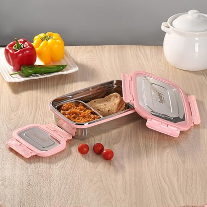 Sumeet Twin Pack Stainless Steel Airtight, Leak Proof Lunch Box, Tiffin for School, Office, Kids 1000ml+170ml, Pack of 1, Pink