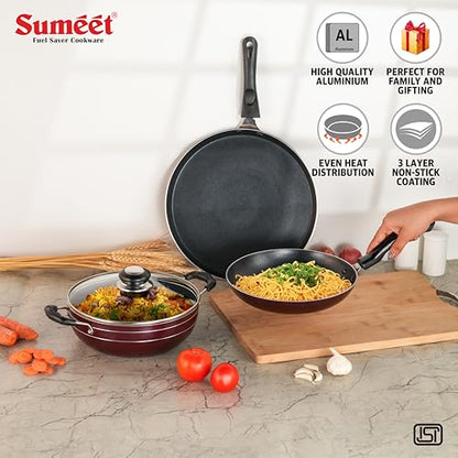 Sumeet Elegantia Induction Base Non Stick Aluminium Cookware Set of 3Pcs - Dosa Tawa 28cm / Deep Kadai with Glass Lid 21.5cm / 1800ml Capacity/Tapper Pan 22cm | Gas and Induction Friendly | Cherry