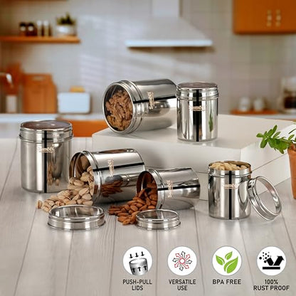 Sumeet Stainless Steel Small Containers/Jars/Dabba for Kitchen Storage with See Through Lids - set of 6Pcs, 400ml + 750ml capacity, 7.3cm & 9cm Dia, Silver