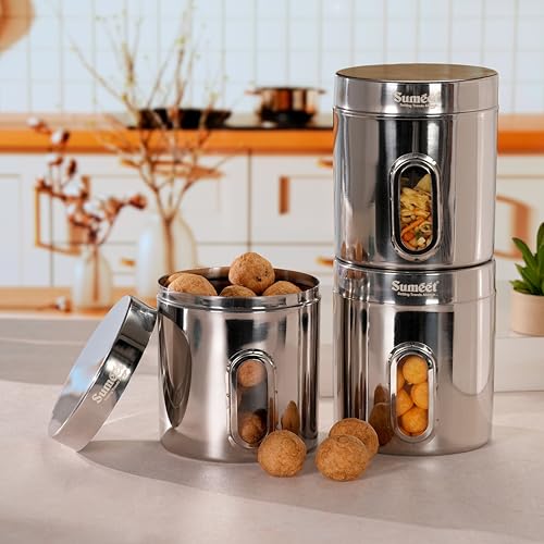 Sumeet Stainless Steel Small Containers/Jars/Dabba for Kitchen Storage with See Through Window - set of 3Pcs, 1100ml capacity each, 11.5cm Dia, Silver
