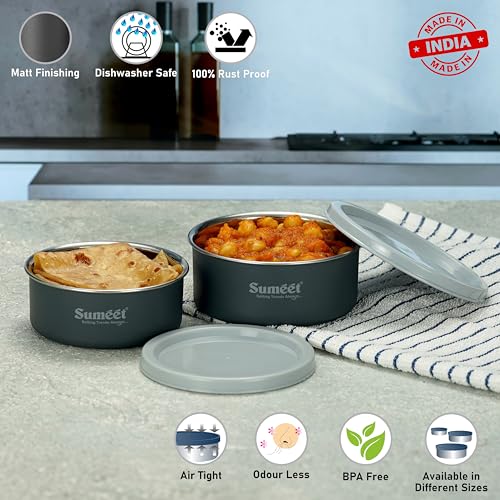 Sumeet Microwave Safe Stainless Steel Air Tight & Leak Proof Lunch Boxes/Storage Containers with Lids for Kitchen/Office/School, 320ml, 420ml, set of 2, Grey