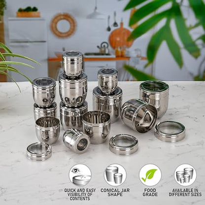 Sumeet Stainless Steel Conical Shape Canisters/Dabba/Storage Containers for Kitchen with See Through Lid, Set of 12 Pcs, (150ml-6cm Dia-3Pc, 250ml-7cm Dia-3Pc, 400ml-8.5cm -3Pc, 500ml-9cm 3Pc)- Silver