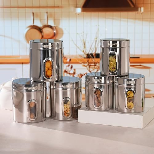 Sumeet Stainless Steel Small Containers/Jars/Dabba for Kitchen Storage with See Through Window - set of 6Pcs, 1100ml + 1820ml capacity, 11.5cm & 13.3cm Dia, Silver