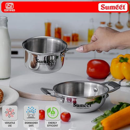 Sumeet Cook Smart ISI Certified Tri-Ply (Steel - Aluminium - Steel) Set of 3 Pcs Mini Kadai 370ml - SauceTadka Pan 450ml with Silicon Grip | Induction and Gas Friendly | 2.5mm Thick, Silver
