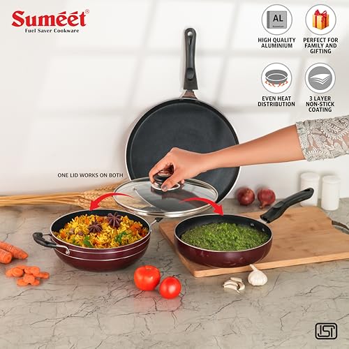 Sumeet Elegantia Induction Base Non Stick Aluminium Cookware Set of 4Pcs - Dosa Tawa 28cm / Deep Kadai with Glass Lid 21.5cm / Fry Pan 21.5cm / 1550ml Capacity | Gas and Induction Friendly | Cherry