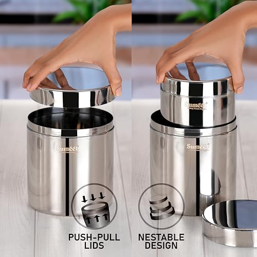 Sumeet Stainless Steel Containers/Jars/Dabba for Kitchen Storage with Lids - set of 4Pcs, 1250ml + 1800ml capacity, 11.5cm & 13.3cm Dia, Silver