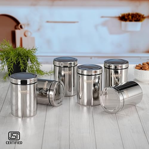 Sumeet ISI Certified Stainless Steel Air Tight Storage Container/Jar/Canister/Dabba with Threading Screw Cap for Kitchen - Pack of 6Pc, 8.3cm, 550ml, Silver