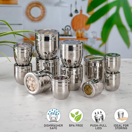 Sumeet Stainless Steel Conical Shape Canisters/Dabba/Storage Containers for Kitchen with See Through Lid, Set of 12 Pcs, (150ml-6cm Dia-3Pc, 250ml-7cm Dia-3Pc, 400ml-8.5cm -3Pc, 500ml-9cm 3Pc)- Silver