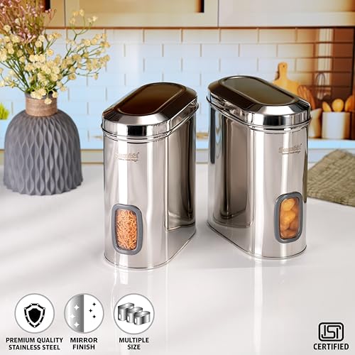 Sumeet ISI Certified Stainless Steel Capsul Canister/Container for Kitchen Storage with See Through Window - Set of 2 Pcs - 2600ml, Silver