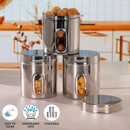 Sumeet Stainless Steel Small Containers/Jars/Dabba for Kitchen Storage with See Through Window - set of 3Pcs, 1100ml capacity each, 11.5cm Dia, Silver