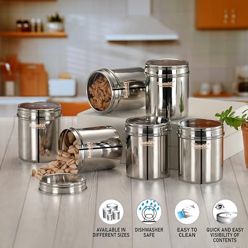 Sumeet Stainless Steel Small Containers/Jars/Dabba for Kitchen Storage with See Through Lids - set of 6Pcs, 750ml capacity each, 9cm Dia, Silver