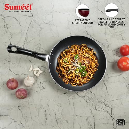 Sumeet Elegantia Induction Base Non Stick Aluminium Tapper Pan 22cm / 1000ml Capacity | Gas and Induction Friendly | Cherry