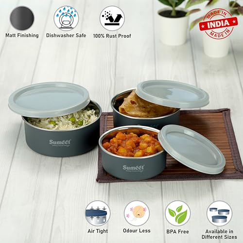 Sumeet Microwave Safe Stainless Steel Air Tight & Leak Proof Lunch Boxes/Storage Containers with Lids for Kitchen/Office/School, 240ml, 320ml, 420ml, set of 3, Grey