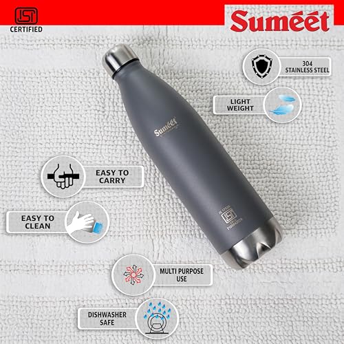 Sumeet Thermo1000 ISI Certified Stainless Steel Hot & Cold Double Walled Leak Proof Vacuum Flask/Water Bottle for Office/School/College/Gym/Picnic/Home/Trekking- 1000ml, Grey
