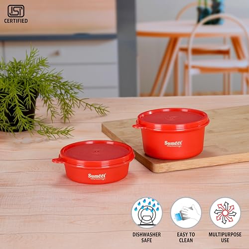 Sumeet ISI Certified Inside Steel Microwave Safe BPA Free Lunch Boxes/Storage Containers with Air Tight & Leak Proof Lid for Home/Office/School, 250ml & 350ml Set of 2, Red
