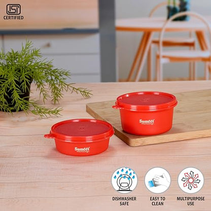 Sumeet ISI Certified Inside Steel Microwave Safe BPA Free Lunch Boxes/Storage Containers with Air Tight & Leak Proof Lid for Home/Office/School, 250ml & 350ml Set of 2, Red