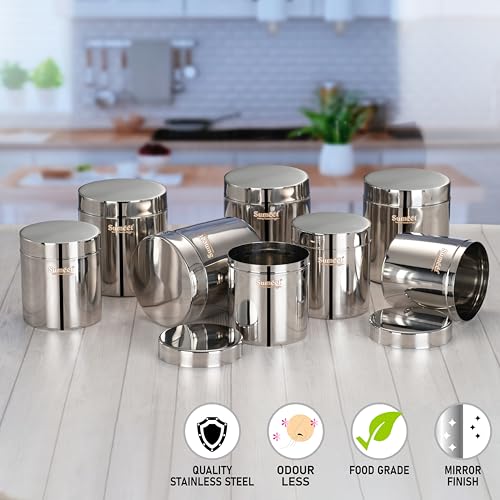 Sumeet Stainless Steel Containers/Jars/Dabba for Kitchen Storage with Lids - set of 8Pcs, 1250ml + 1800ml capacity, 11.5cm & 13.3cm Dia, Silver