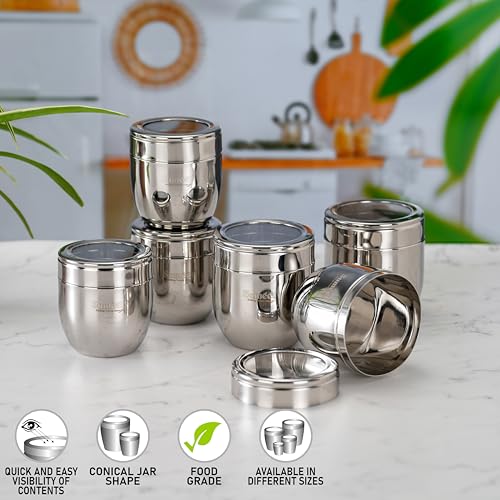 Sumeet Stainless Steel Conical Shape Canisters/Dabba/Storage Containers for Kitchen with See Through Lid, Set of 6 Pcs, (400ml-8.5cm Dia-3Pc & 500ml-9cm Dia-3Pc), Silver