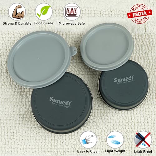 Sumeet Microwave Safe Stainless Steel Air Tight & Leak Proof Lunch Boxes/Storage Containers with Lids for Kitchen/Office/School, 240ml, 420ml, set of 2, Grey